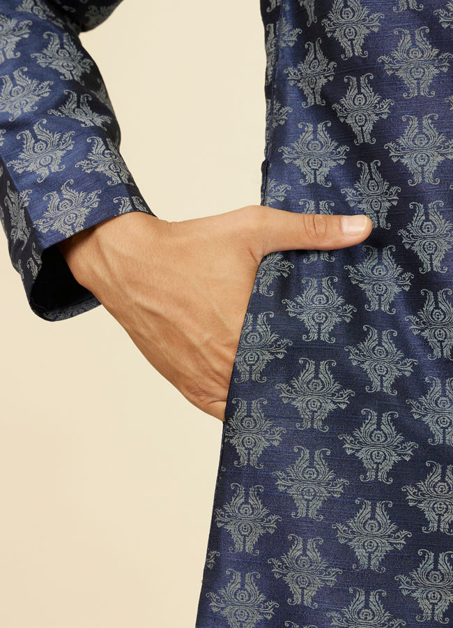 alt message - Manyavar Men Dark Blue Imperial Paisley Patterned Angrakha Style Kurta Set image number 3